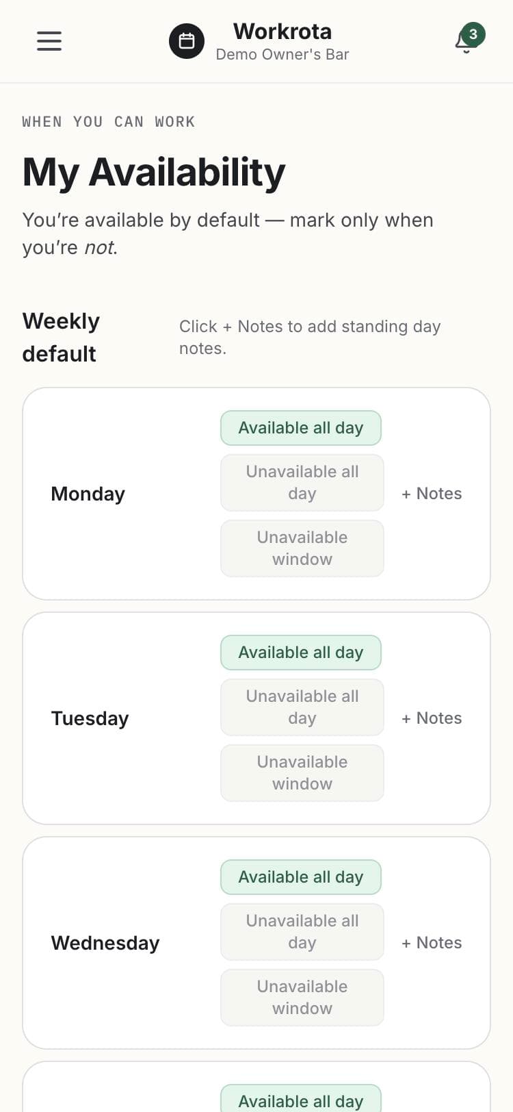 The availability screen on a phone, with each weekday set to available all day, unavailable all day, or an unavailable window