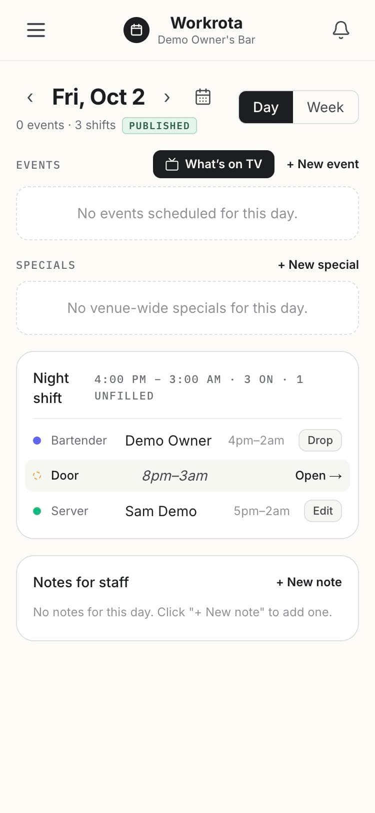 The day view on a phone showing a shift with a Drop button, an open shift to pick up, and a shift with an Edit button