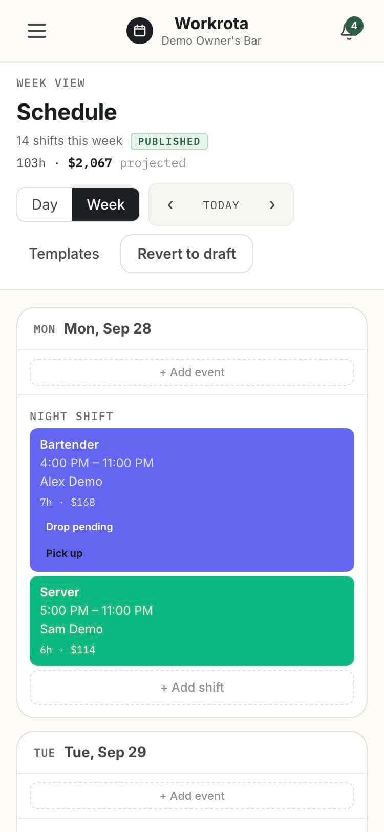 The week view of the schedule on a phone: color-coded bartender and server shifts with the week’s hours and projected cost